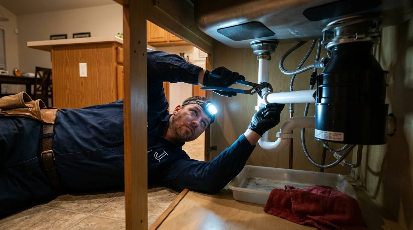 P-trap and supply line connections under a kitchen sink showing a common leak point in Henderson, TN